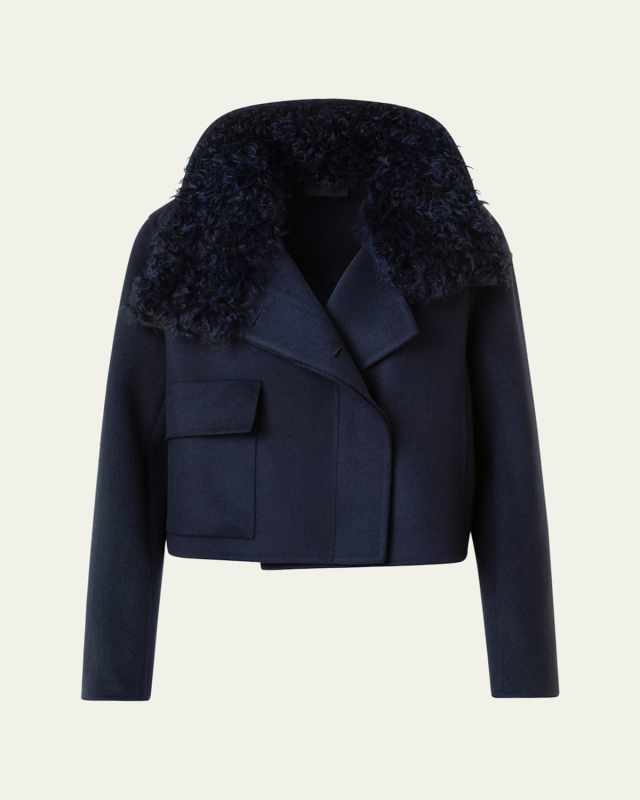 Edena Cashmere Short Jacket With Detachable Shearling Goat Collar